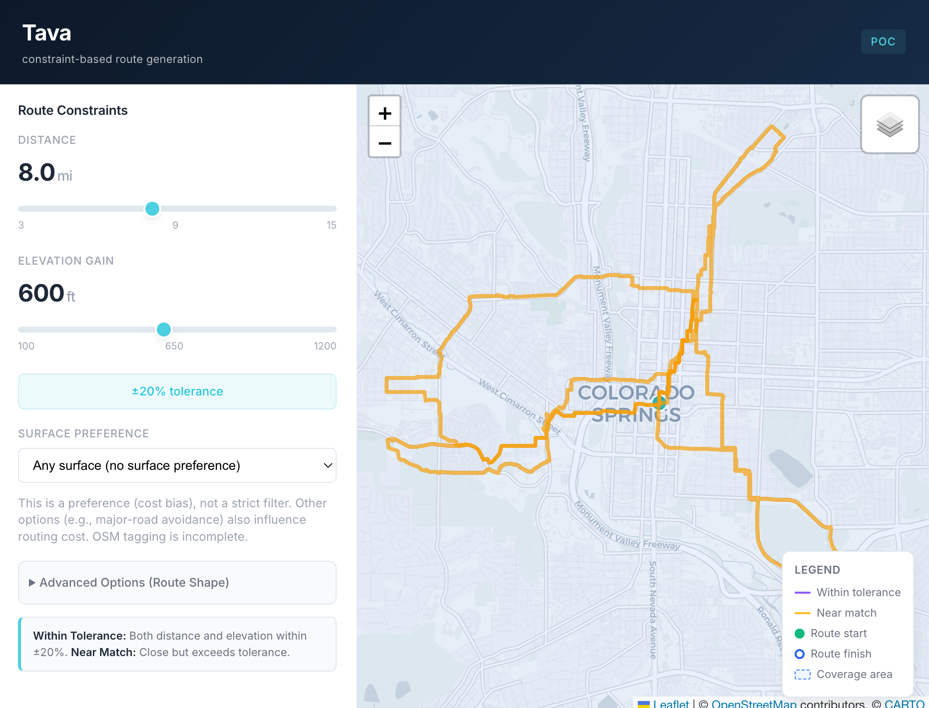 Tava route planner screenshot