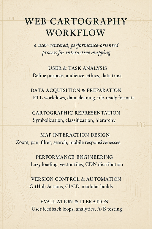 Web Cartography Workflow diagram showing a user-centered, performance-oriented process for interactive mapping